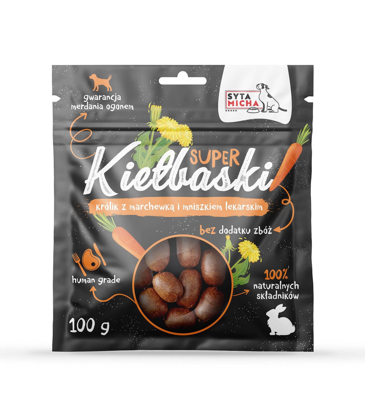 Super kiełbaski z królikiem, marchewką i mniszkiem lekarskim 100g