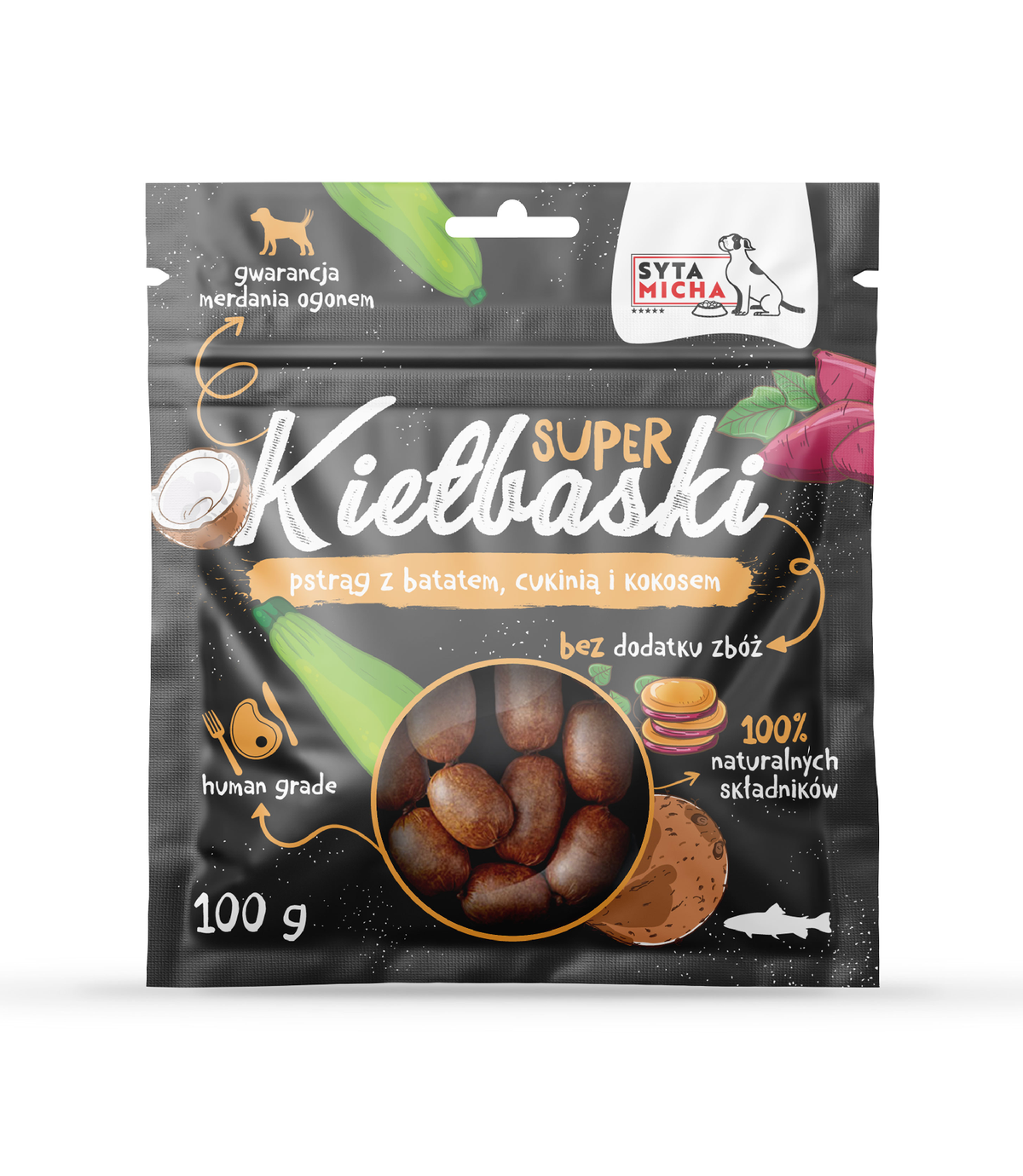 Super kiełbaski z pstrągiem, batatem, cukinią i kokosem 100g