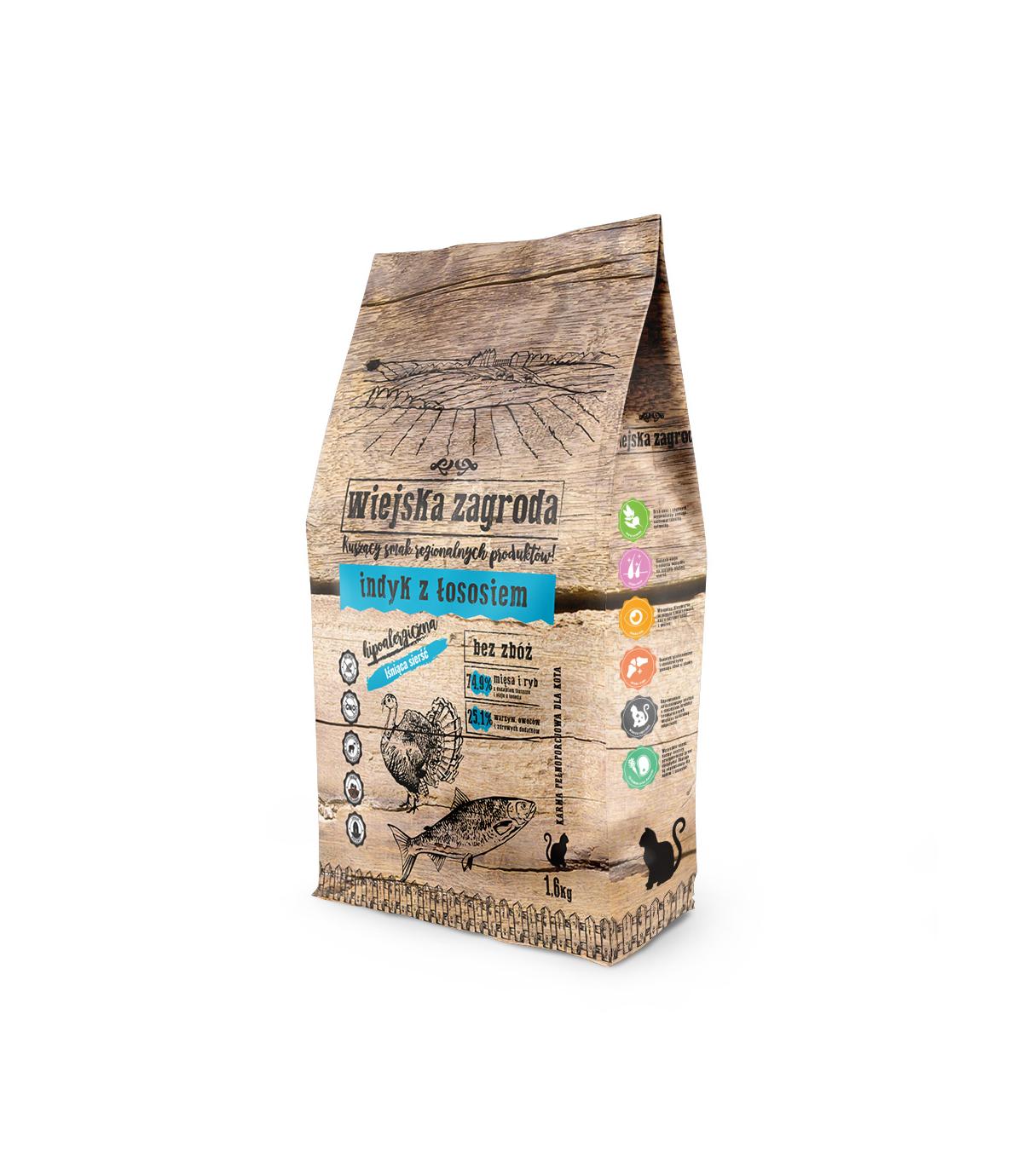 Wiejska Zagroda indyk z łososiem dla kota 1,6kg
