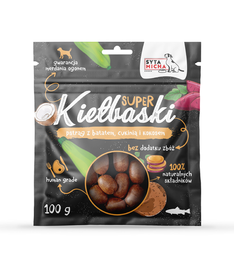 Super kiełbaski z pstrągiem, batatem, cukinią i kokosem 100g