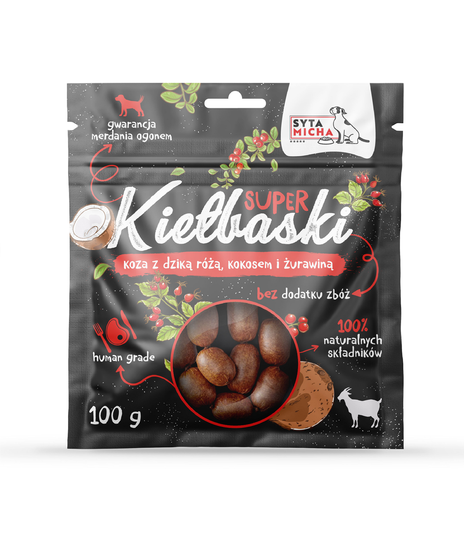 Super kiełbaski z kozą, dziką różą, kokosem i żurawiną 100g